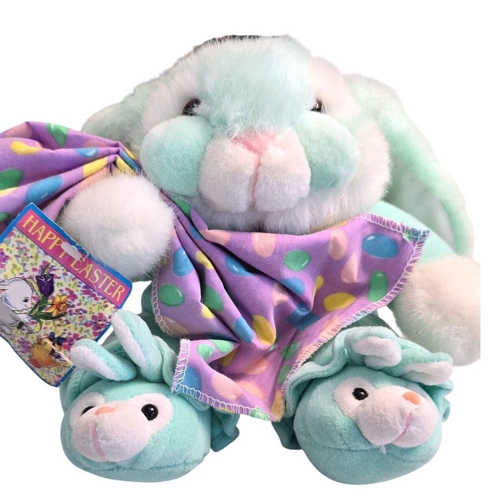 Vtg 90s Commonwealth Pastel Mint Green Easter Bunny Plush Jellybean Blanket 11"